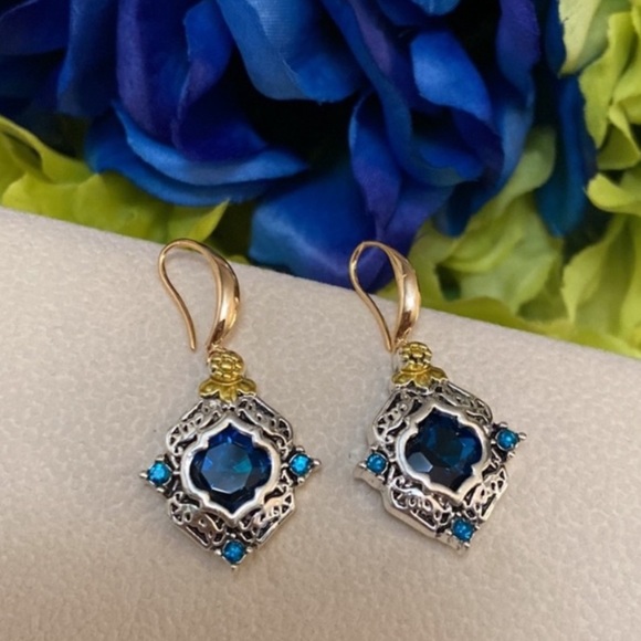 Sapphire Gemstone Dangle Drop Earrings With Antiqued Style Setting NEW! - Picture 4 of 7